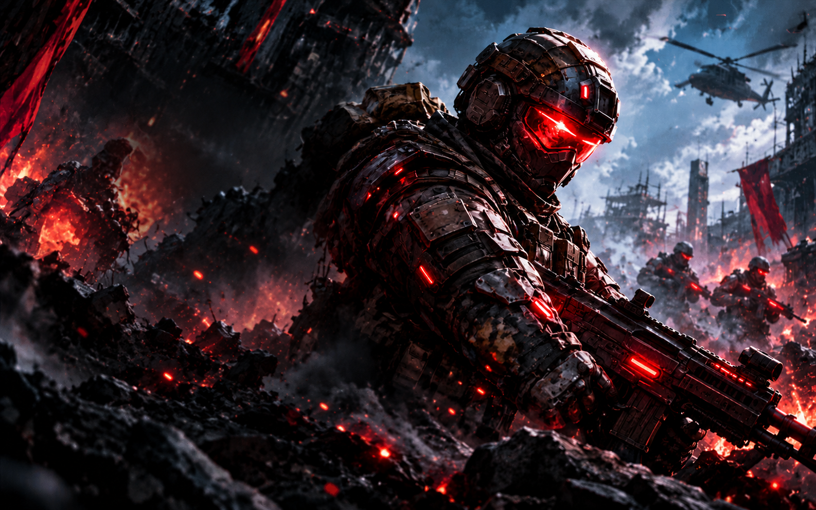 Armored Reforged soldier on a crimson-lit battlefield